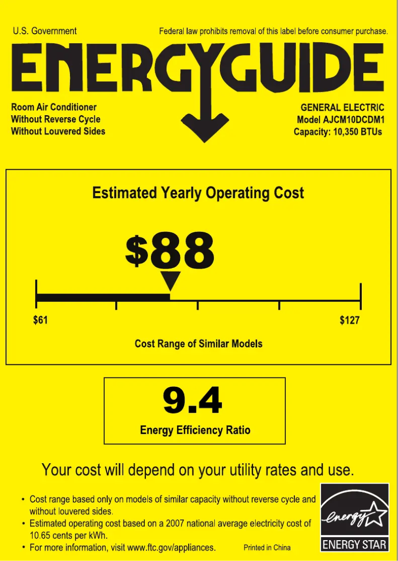 Page 1 de la notice Label énergétique GE AJCM10DCD