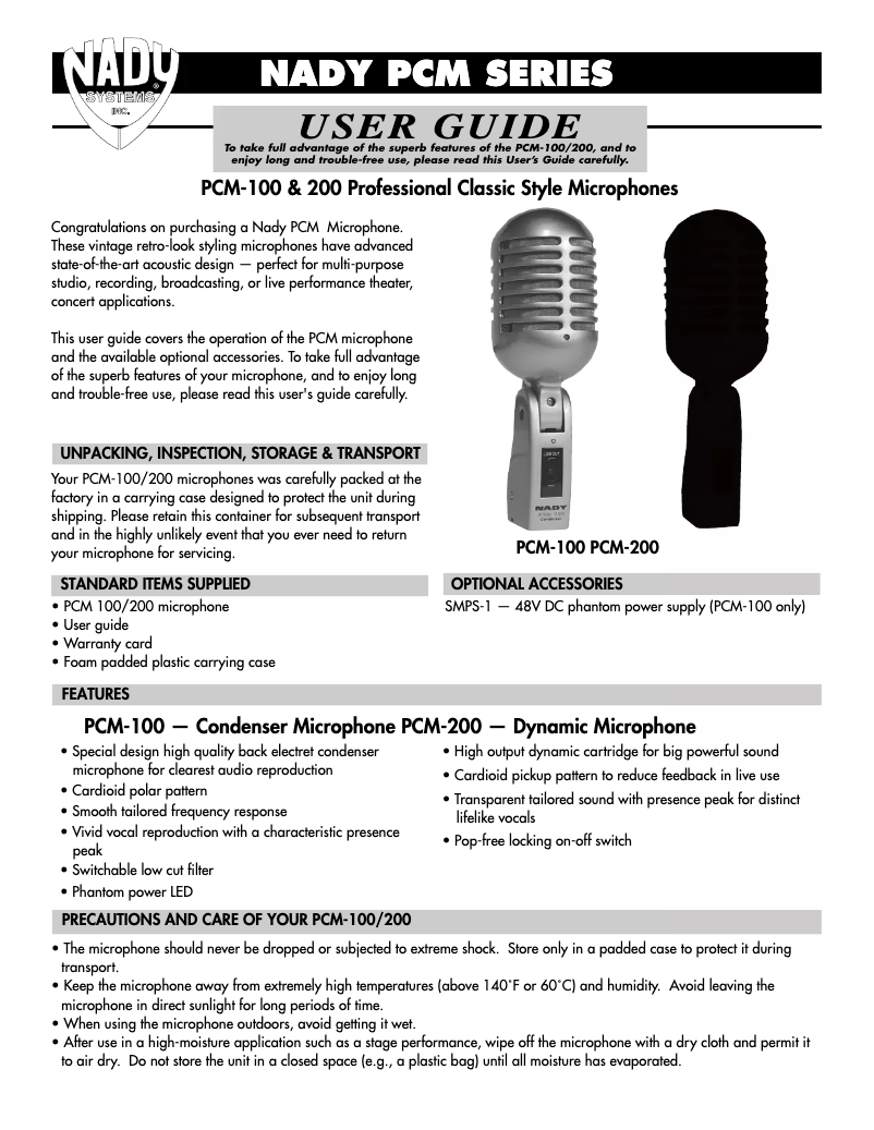 Page n°1 - Manuel utilisateur Nady Systems PCM-100