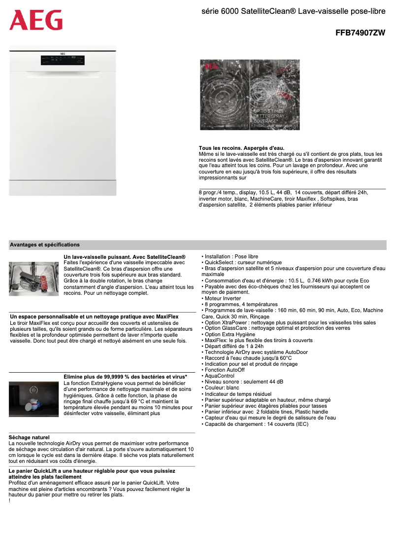 Page 1 de la notice Fiche technique AEG FFB74907ZW
