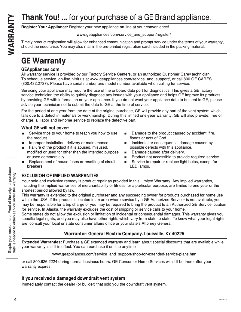 Page 1 of the manual Warranty Information GE UCG1510NII