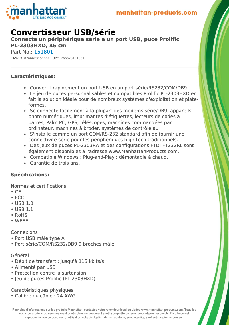 Page 1 de la notice Fiche technique Manhattan 151801