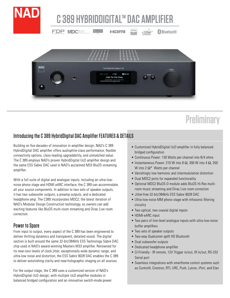 Page 1 de la notice Fiche technique NAD C 389