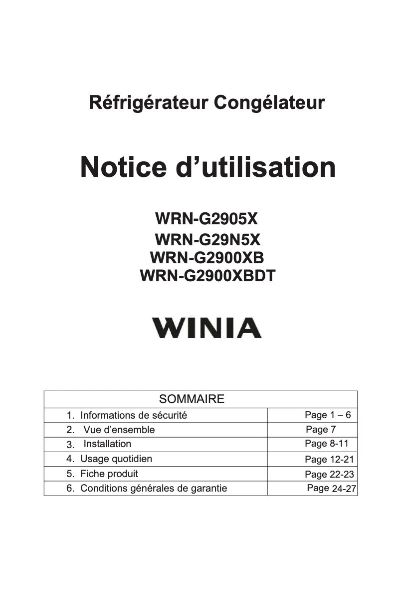 Page n°1 - Manuel utilisateur Winia WRN-G2900XB