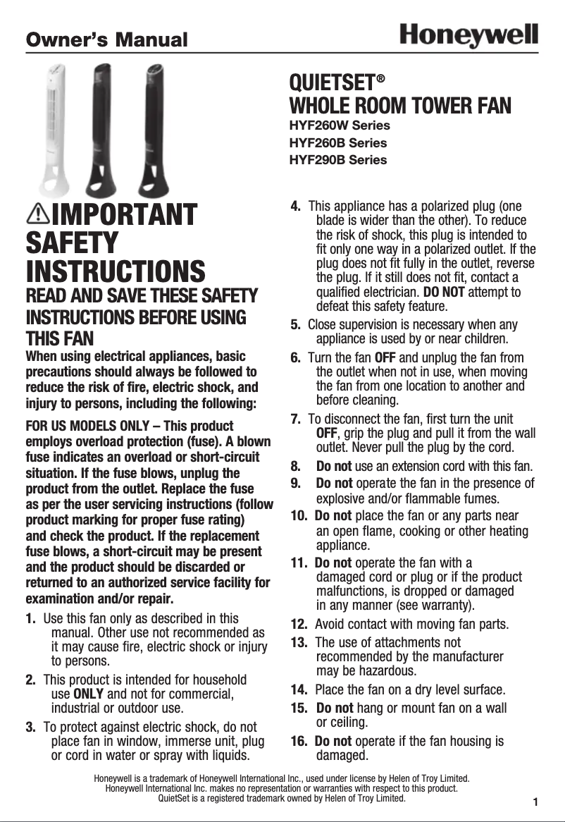 Page 1 de la notice Manuel utilisateur Honeywell QuietSet HWLHYF260