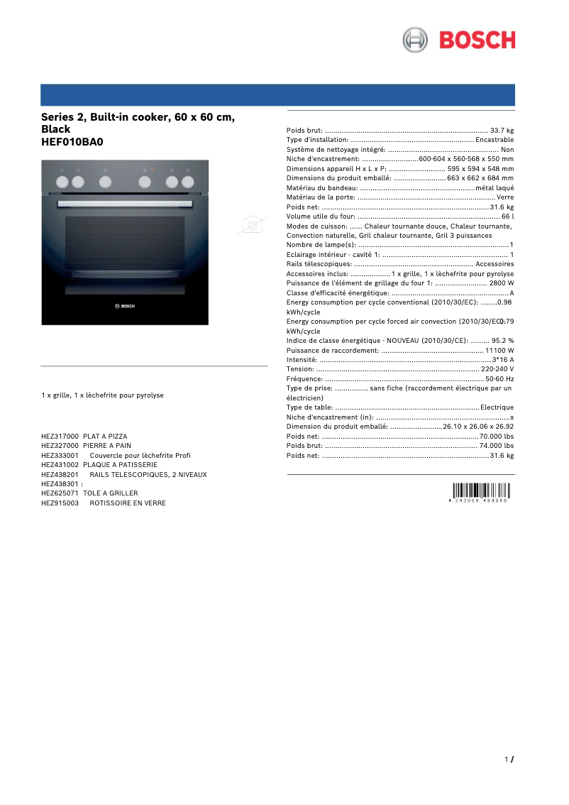 Page 1 de la notice Fiche technique Bosch HEF010BA0