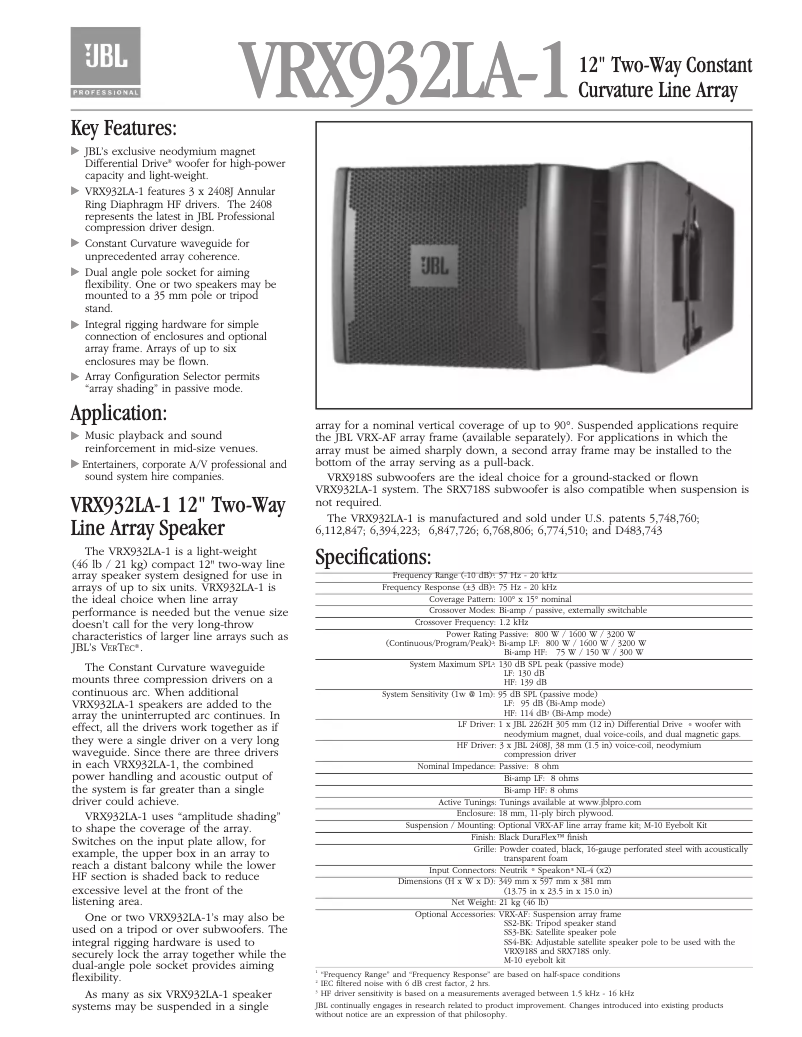 Page 1 de la notice Brochure JBL VRX932LA