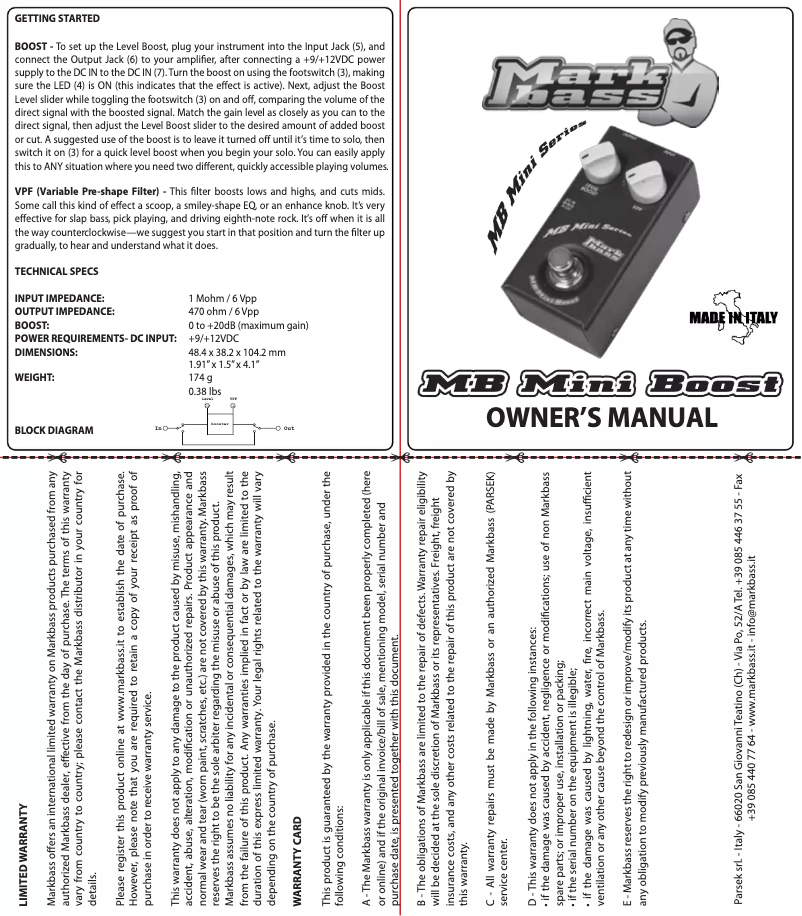 Page 1 de la notice Manuel utilisateur Markbass MB Mini Boost