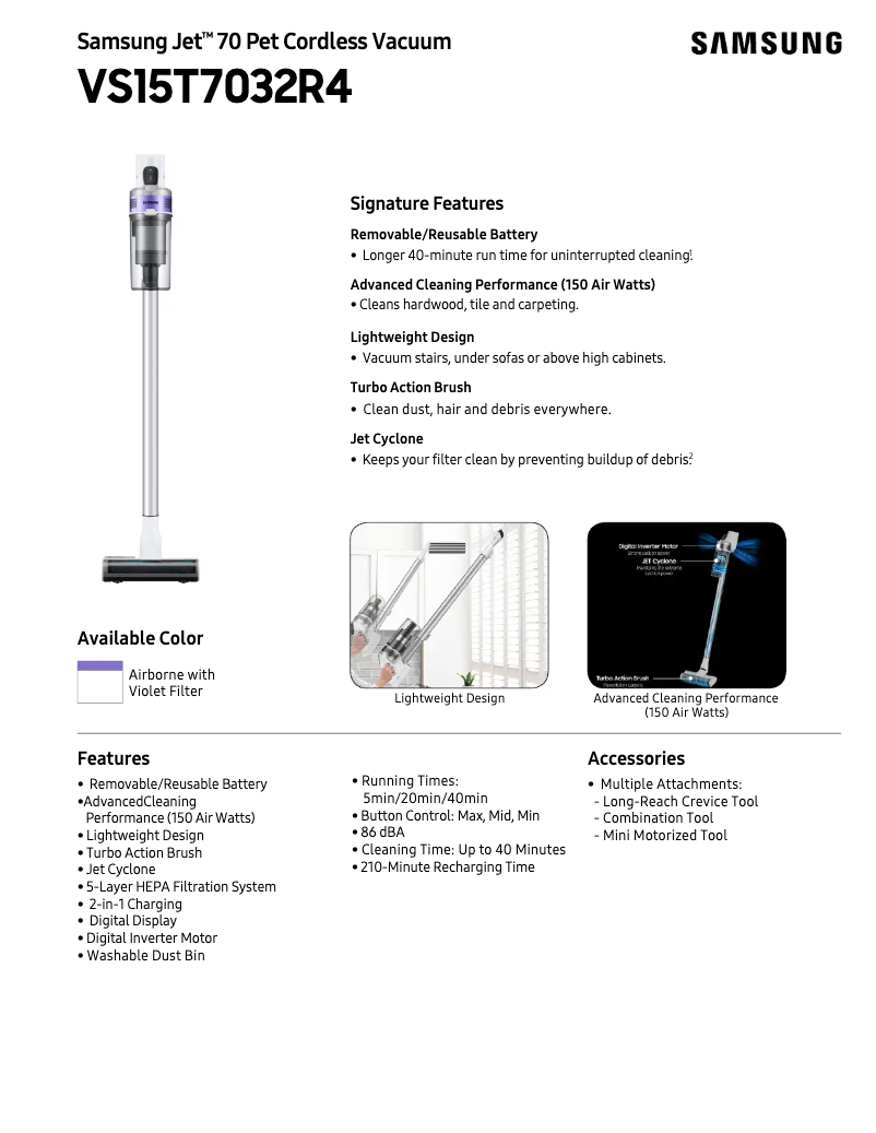 Page 1 de la notice Fiche technique Samsung Jet 70