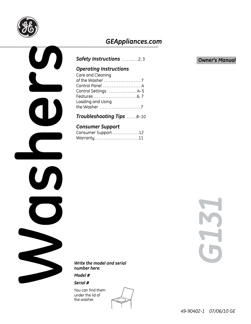 Page 1 de la notice Manuel d'utilisation et d'entretien GE GTWN4950LWS
