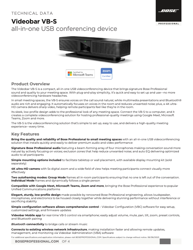 Página 1 del manual Ficha técnica Bose Videobar VB-S