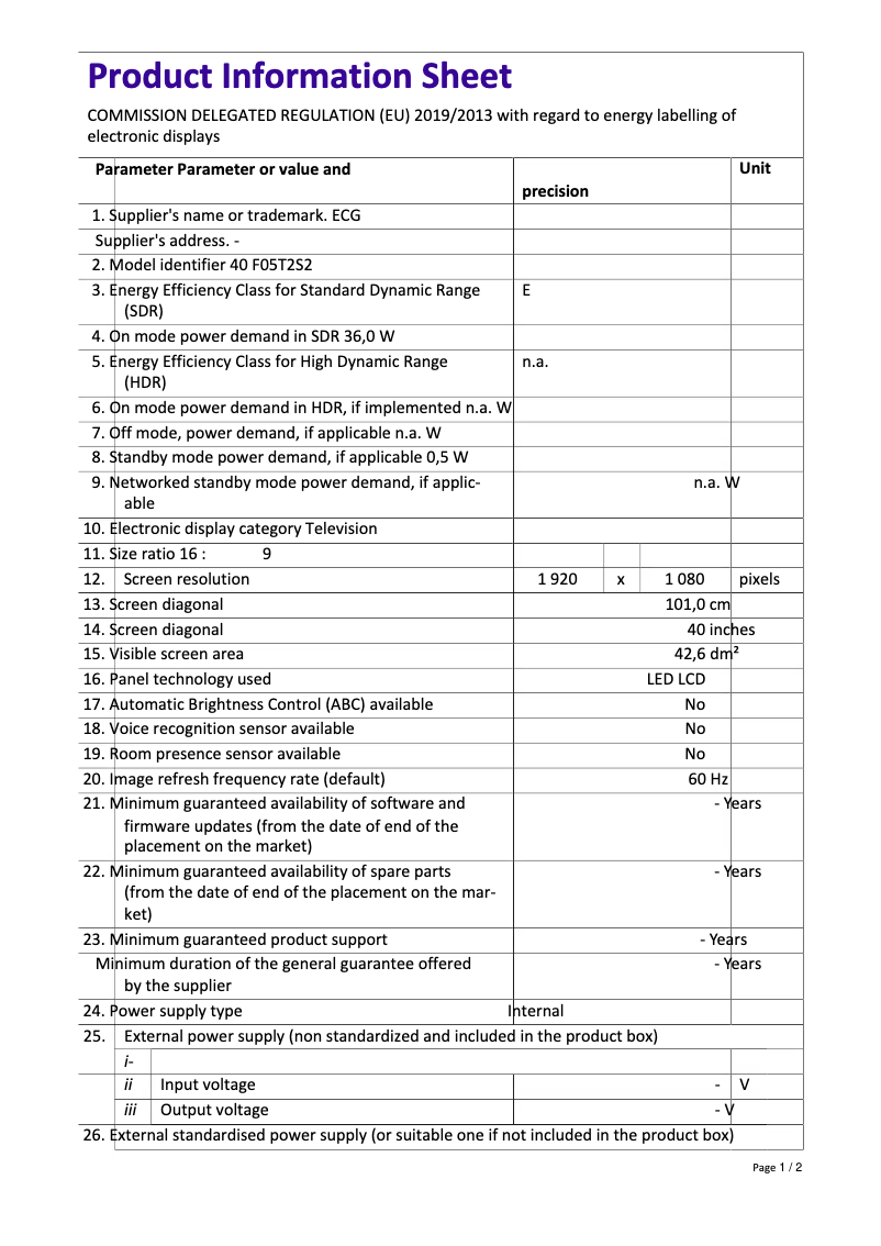 Page n°1 - Fiche technique ECG 40 F05T2S2