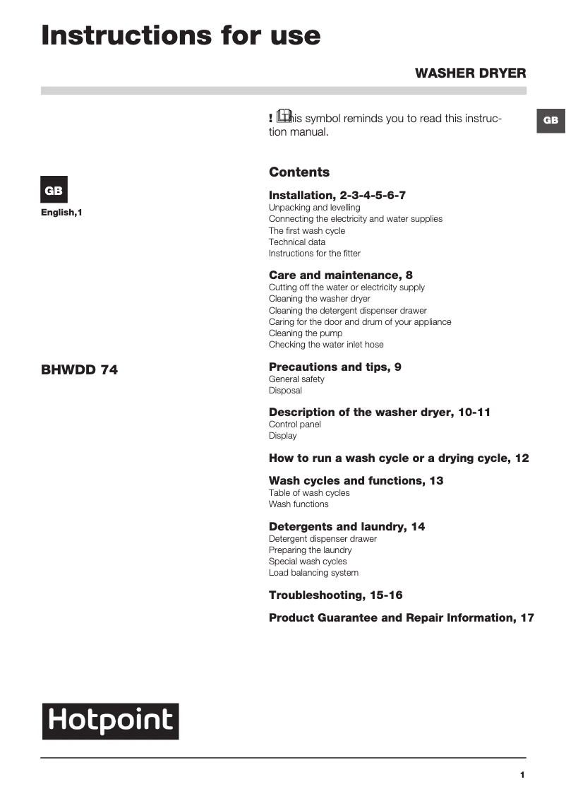Page 1 de la notice Manuel utilisateur Hotpoint BHWDD 74 (UK)