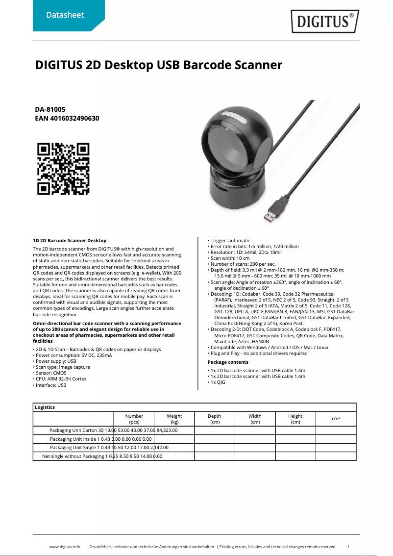 Page 1 de la notice Fiche technique Digitus DA-81005