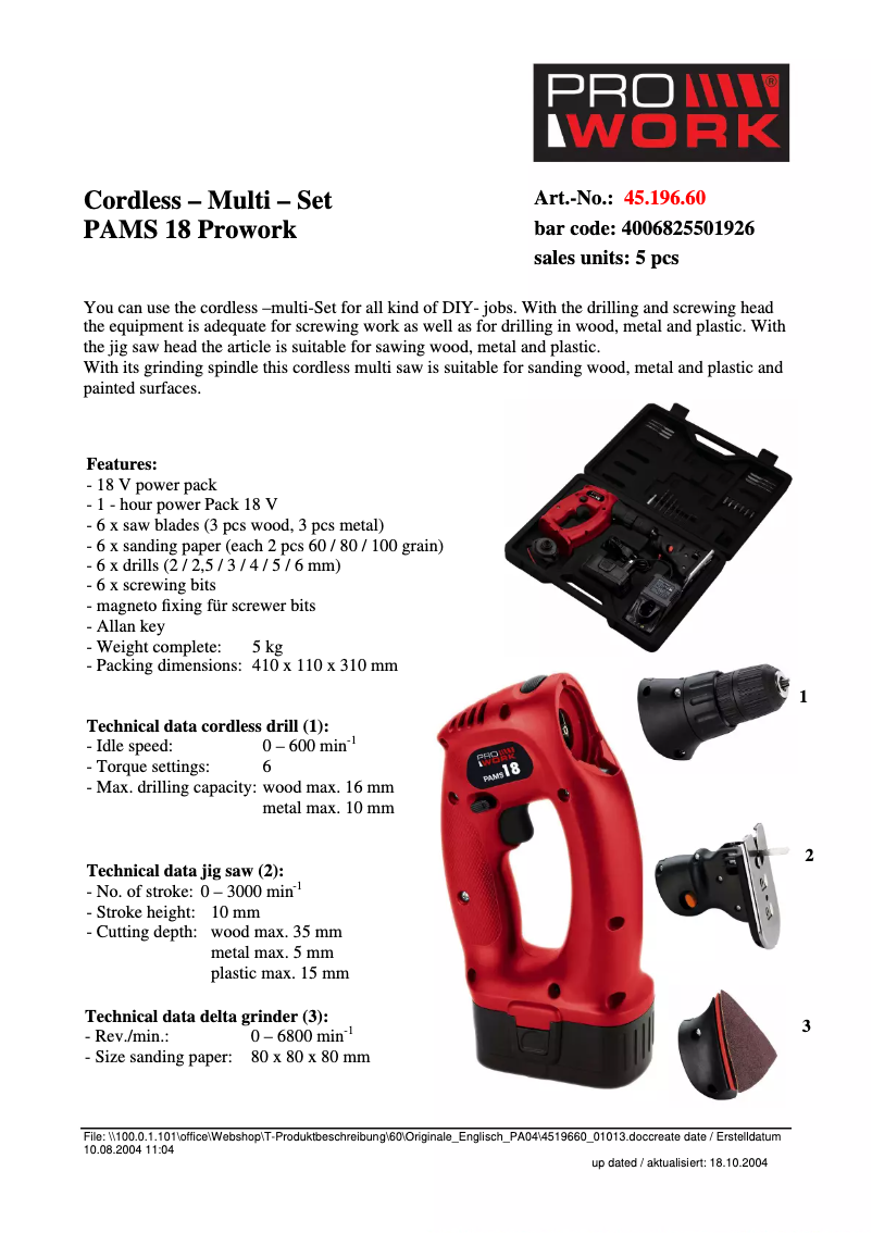 Page n°1 - Fiche technique Prowork PAMS 18
