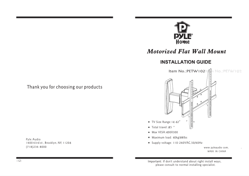 Page 1 de la notice Manuel utilisateur Pyle PETW102