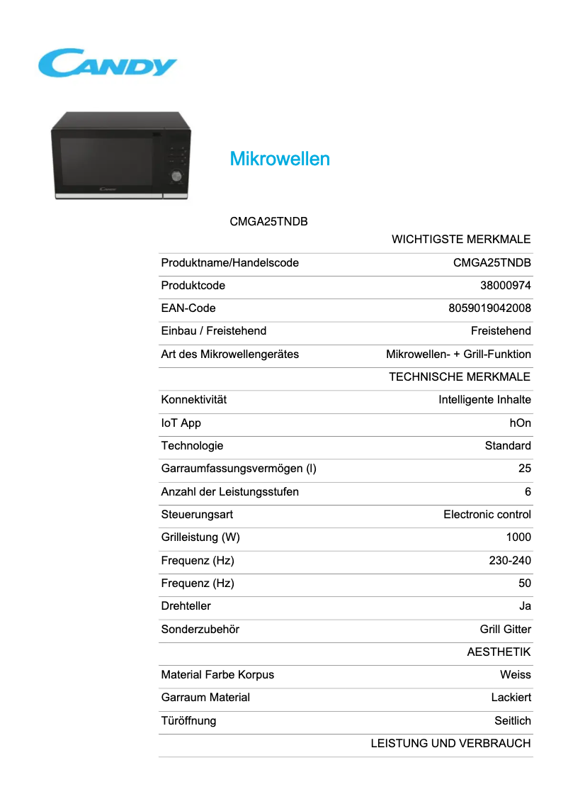 Page 1 de la notice Fiche technique Candy CMGA25TNDB