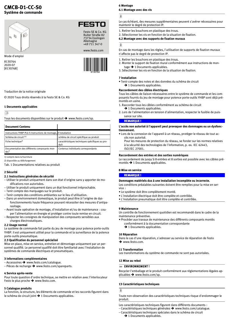 Page n°1 - Manuel utilisateur Festo CMCB-D1-CC-S0