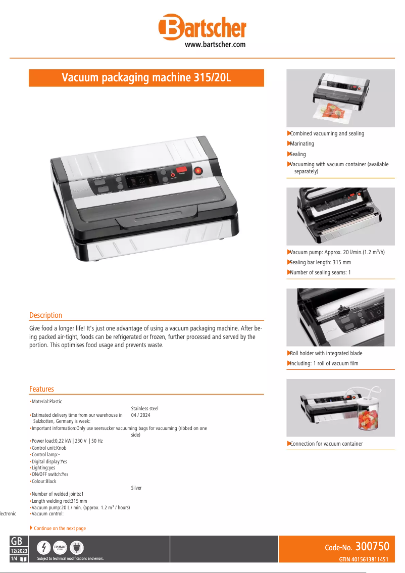 Page 1 de la notice Fiche technique Bartscher 315/20L