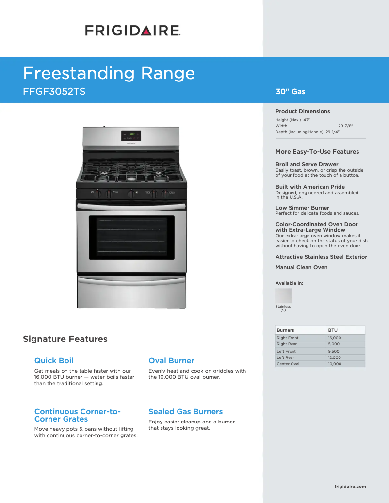 Page n°1 - Fiche technique Frigidaire FFGF3052TS