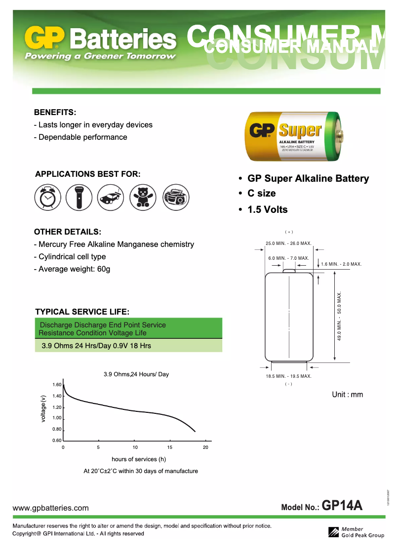 Page 1 de la notice Manuel utilisateur GP Batteries Super Alkaline C