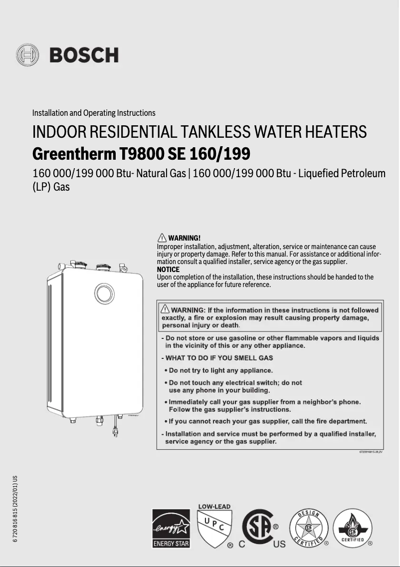 Page 1 de la notice Guide d'installation Bosch Greentherm T9800 SE 160/199