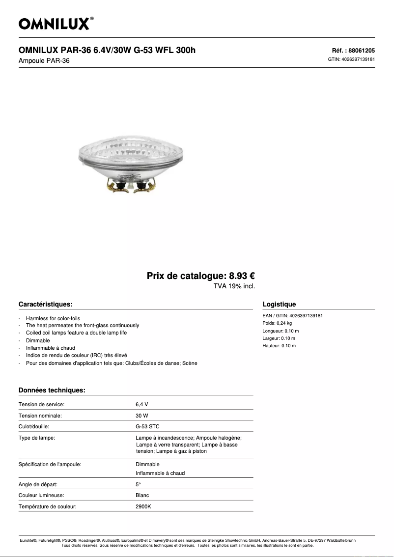 Page 1 de la notice Fiche technique Omnilux PAR-36