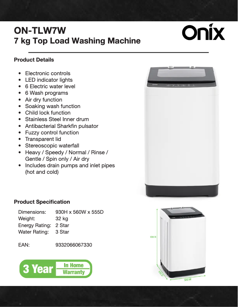 Page n°1 - Fiche technique Onix ON-TLW7W