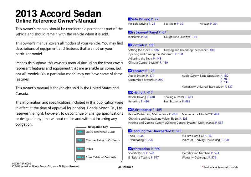 Image de la première page du manuel de l'appareil Accord Sedan (2013)