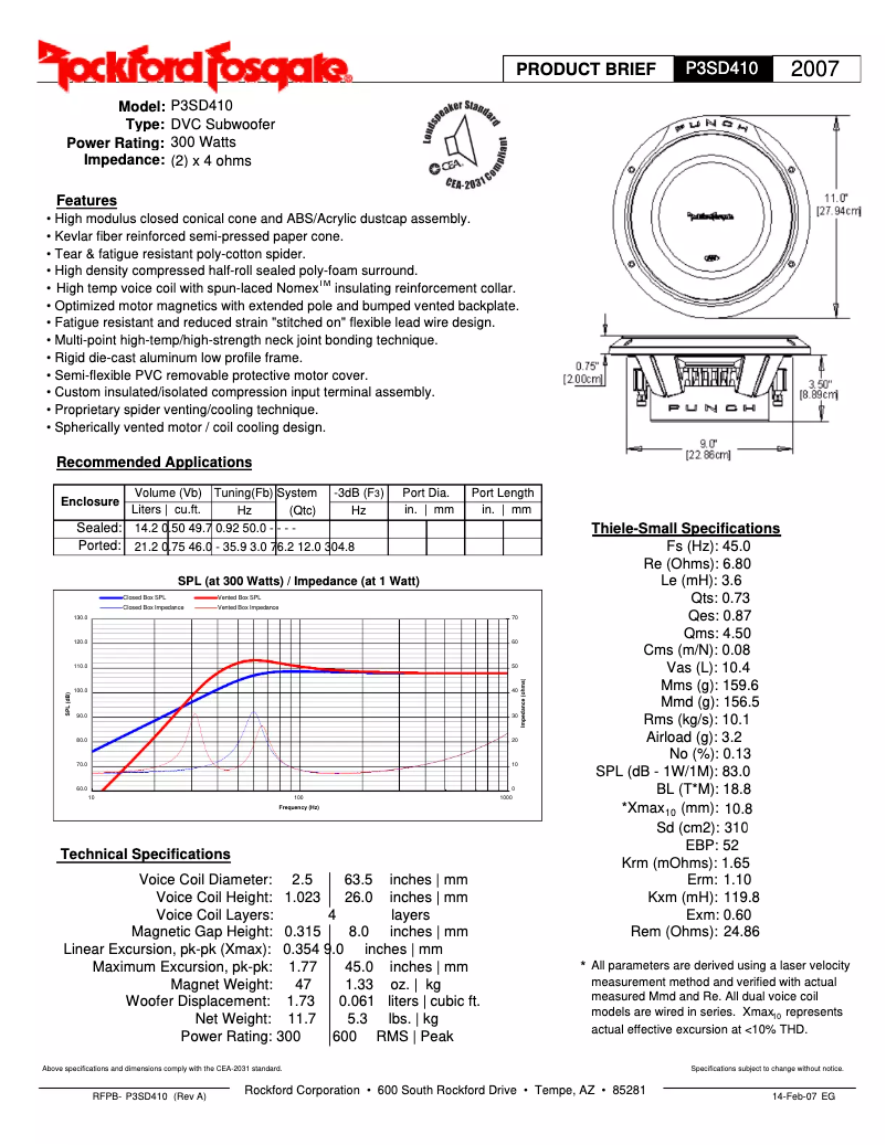 Página 1 del manual Ficha técnica Rockford Fosgate Punch P3SD2-12