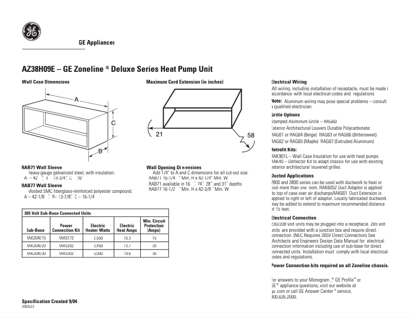 Page n°1 - Fiche technique GE AZ38H09EAB