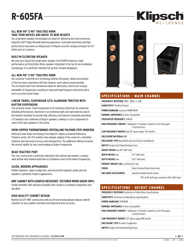 Page 1 de la notice Fiche technique Klipsch R-605FA