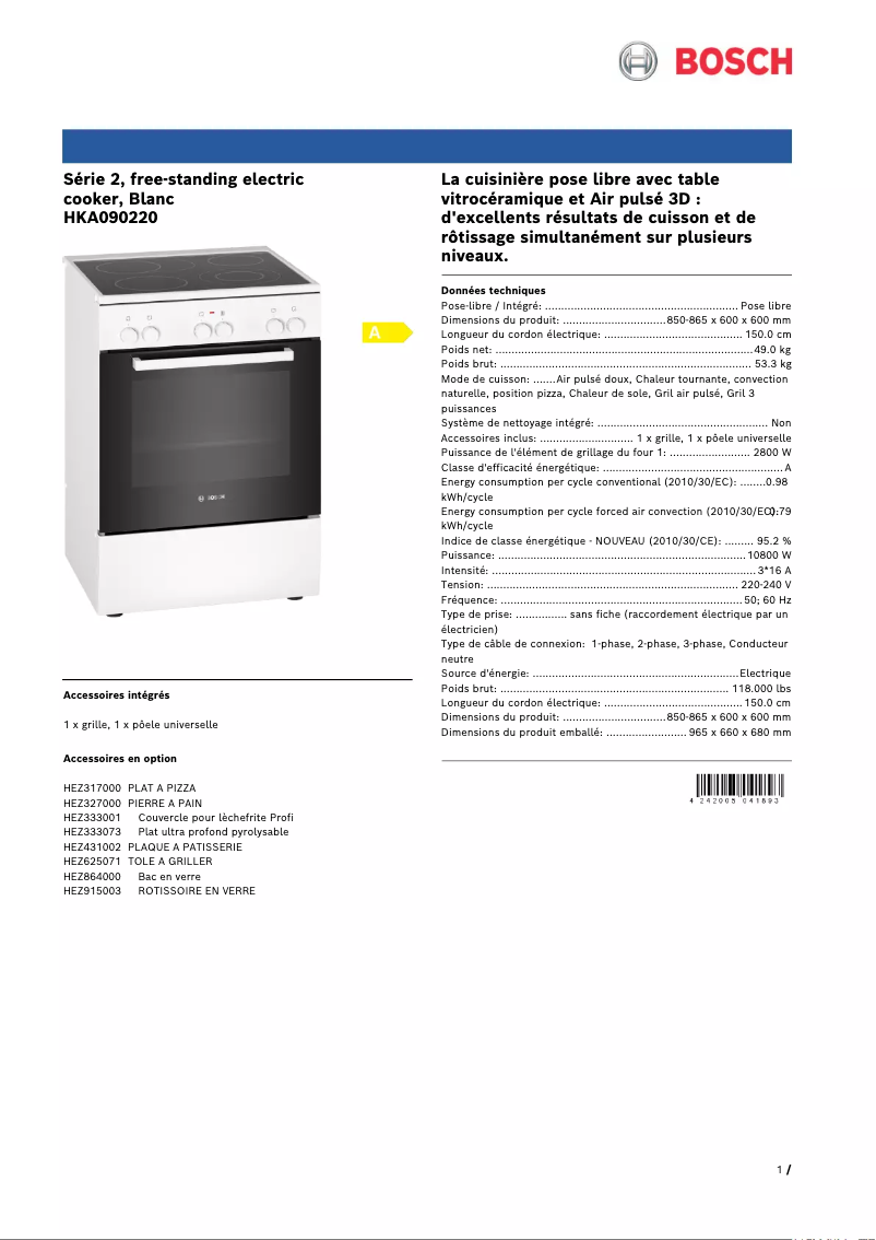 Page 1 de la notice Fiche technique Bosch HKA090220