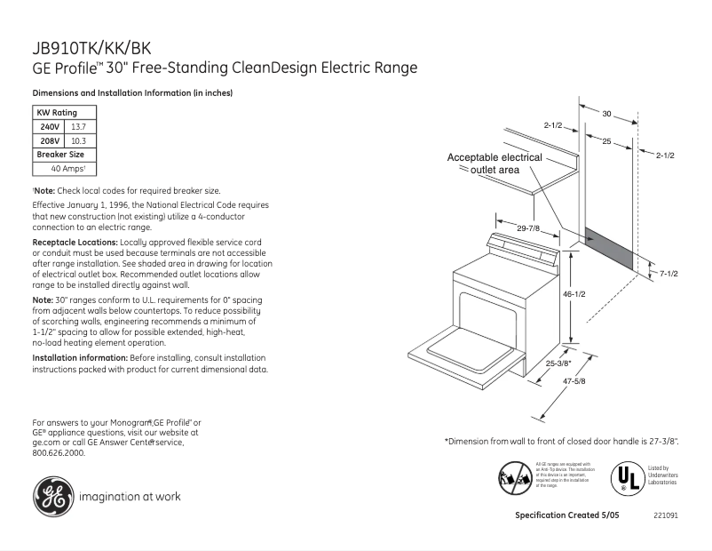 Página 1 del manual Ficha técnica GE Profile JB910KKCC