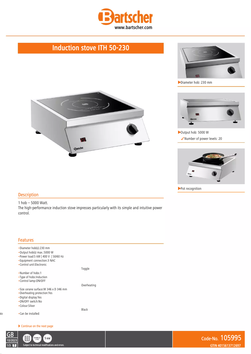 Page n°1 - Fiche technique Bartscher ITH 50