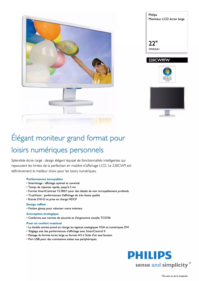 Page n°1 - Fiche technique Philips Brilliance 220CW9FW