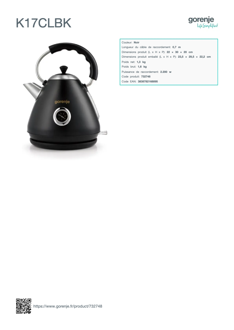 Page 1 de la notice Fiche technique Gorenje K17CLBK