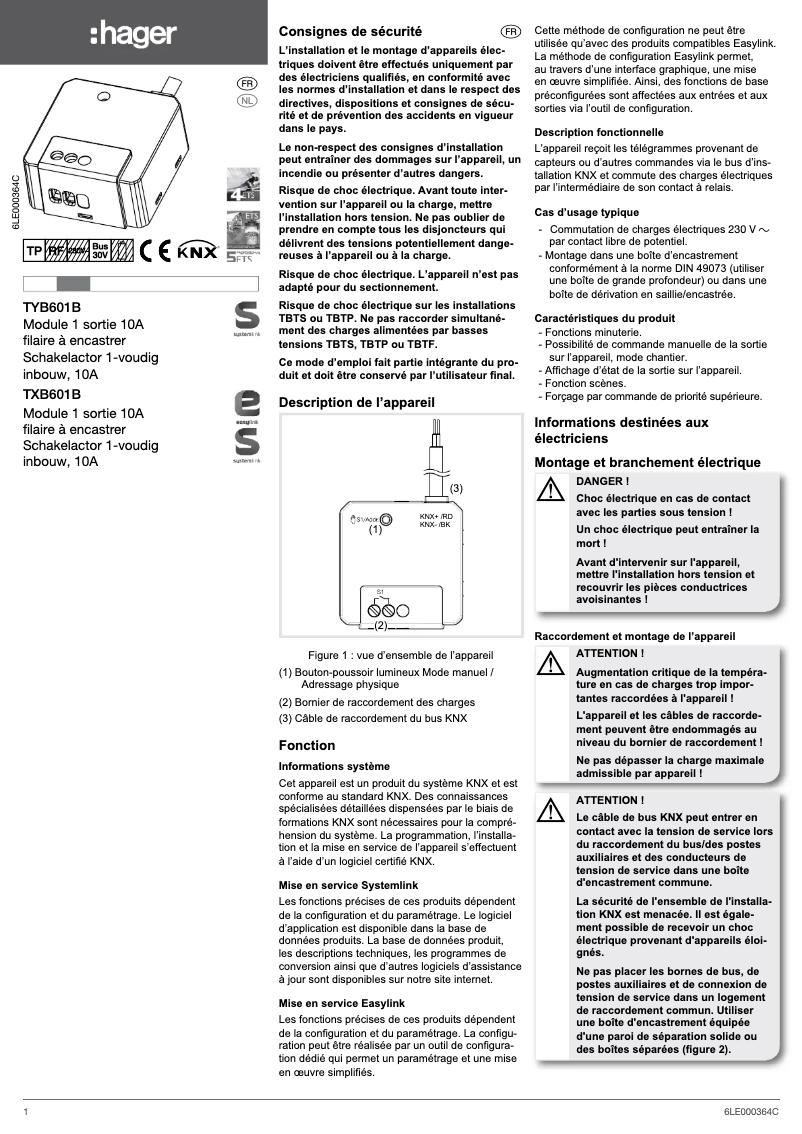 Page 1 de la notice Manuel utilisateur Hager TXB601B