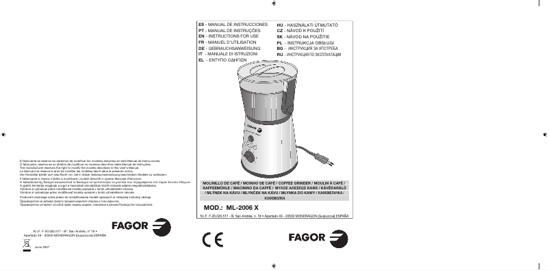 Page 1 de la notice Manuel utilisateur Fagor ML-2006X