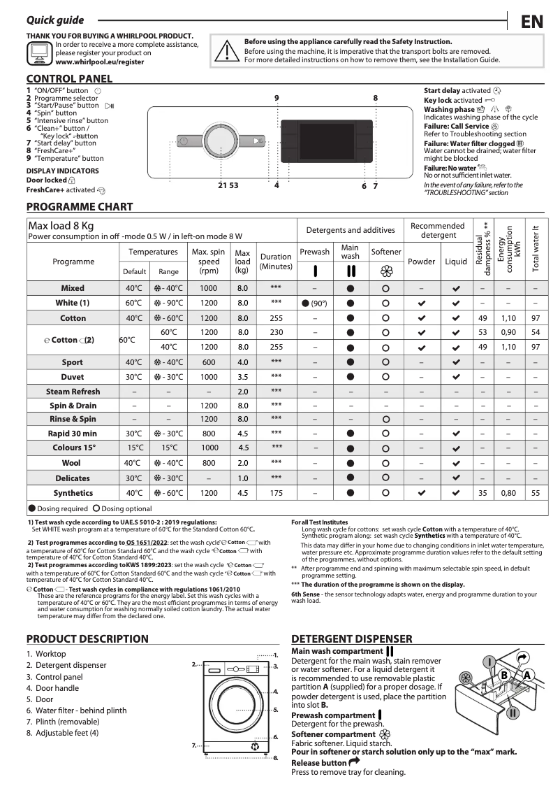 Page 1 de la notice Guide d'installation Whirlpool FFB 8259 SV GCC