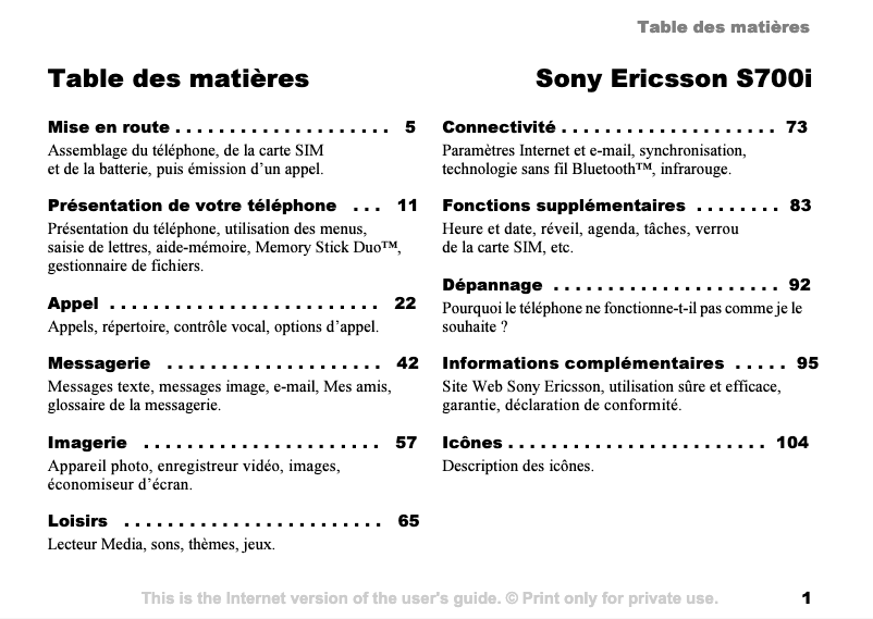 Page 1 de la notice Manuel utilisateur Sony Ericsson S700i