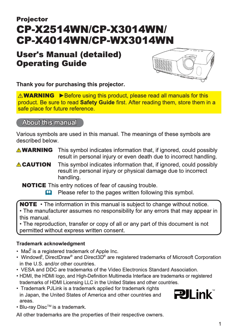 Page n°1 - Manuel utilisateur Hitachi CP-X4014WNUF