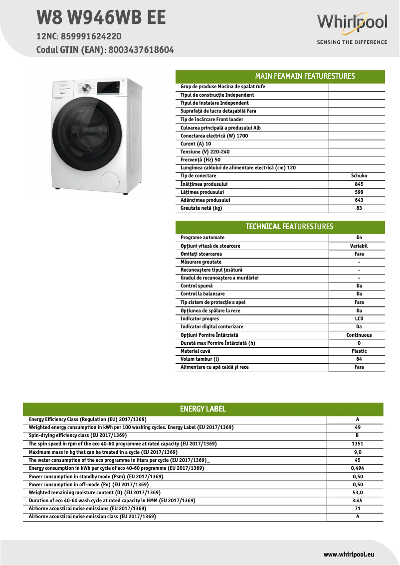 Page 1 de la notice Fiche technique Whirlpool W8 W946WB EE
