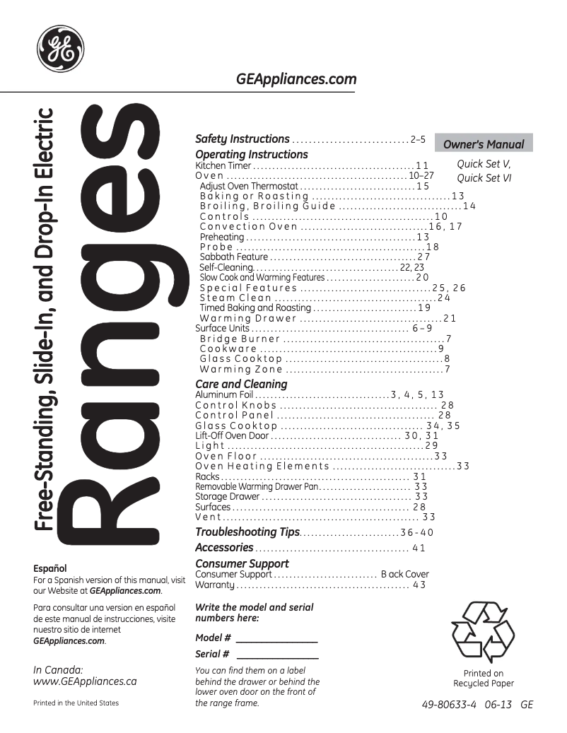 Page 1 de la notice Manuel d'utilisation et d'entretien GE JB705STSS