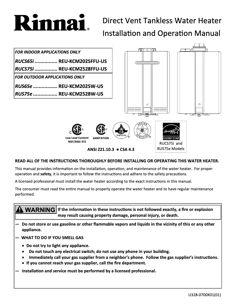 Page 1 de la notice Guide d'installation Rinnai RUCS65iP