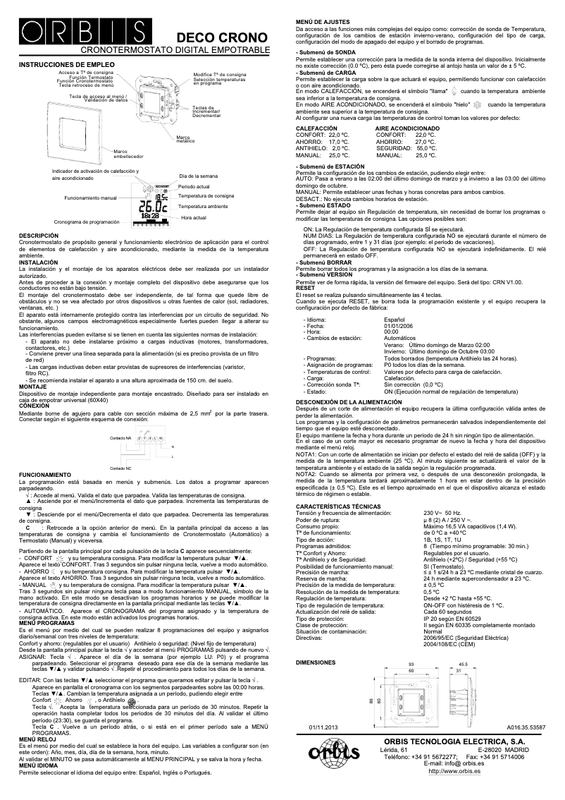 Page 1 de la notice Manuel utilisateur Orbis Deco-Crono