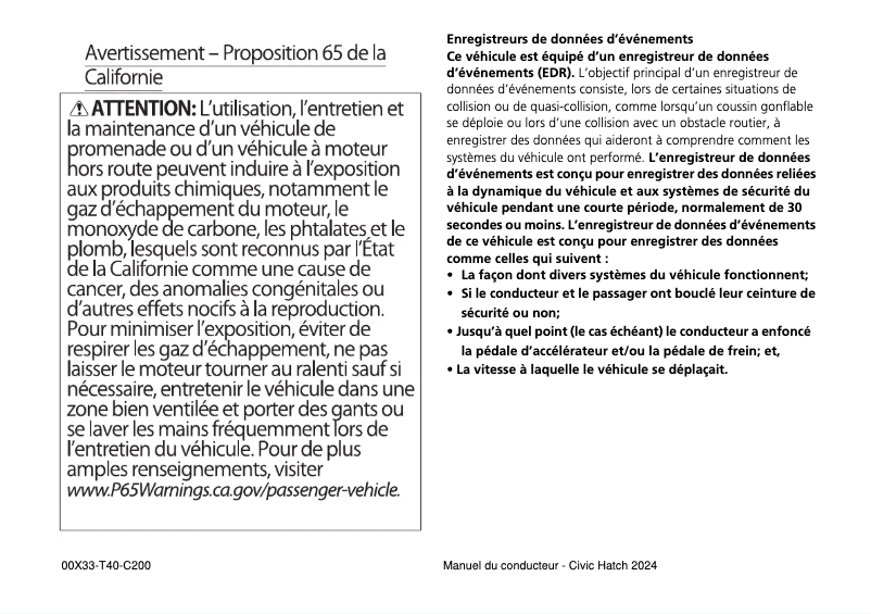 Page 1 de la notice Manuel utilisateur Honda Civic (2024)