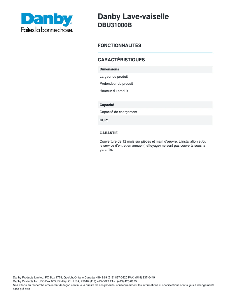 Page n°1 - Manuel utilisateur Danby DBU31000B