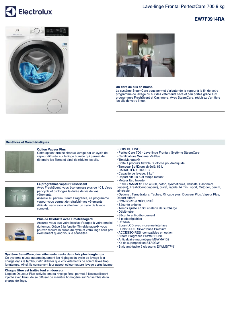 Page n°1 - Fiche technique Electrolux EW7F3914RA
