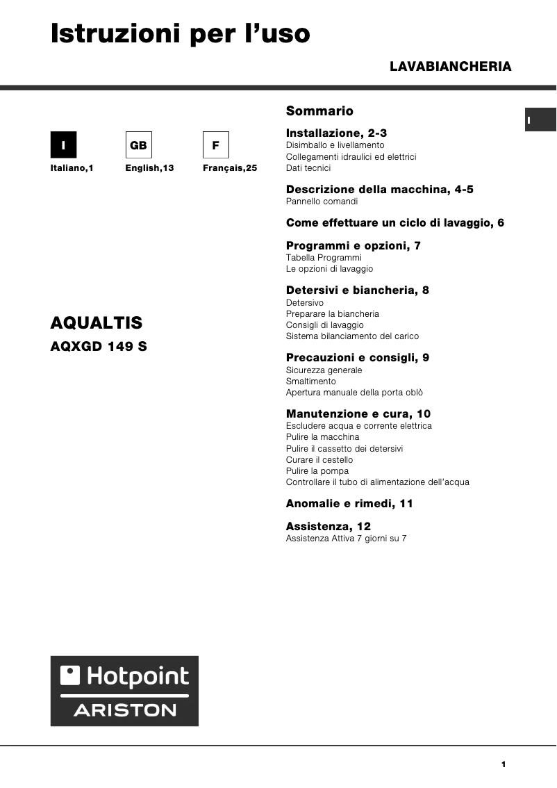 Page 1 de la notice Manuel utilisateur Hotpoint Ariston Aqualtis AQXGD 149 S HA