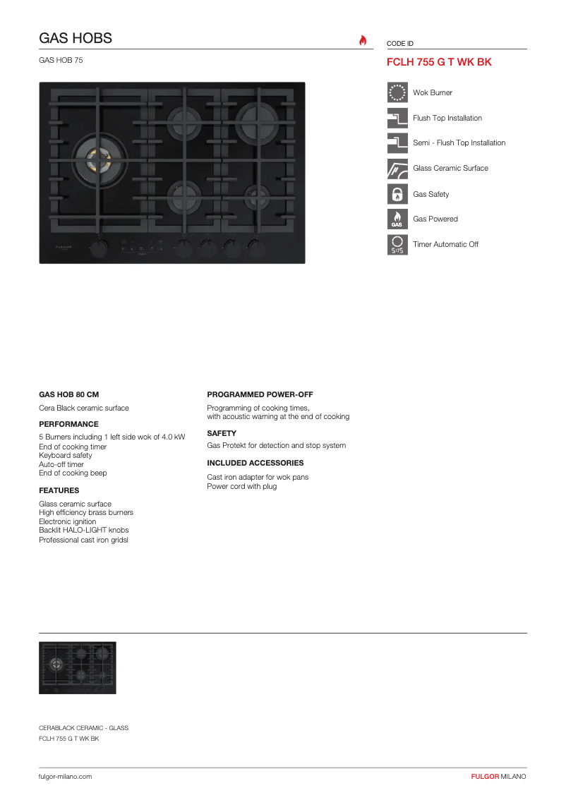 Page n°1 - Fiche technique Fulgor Milano FCLH 755 G T WK